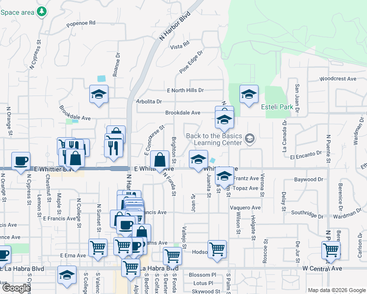 map of restaurants, bars, coffee shops, grocery stores, and more near 911 Nantucket Street in La Habra