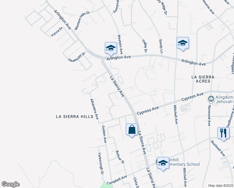 map of restaurants, bars, coffee shops, grocery stores, and more near 11120 Francisco Place in Riverside