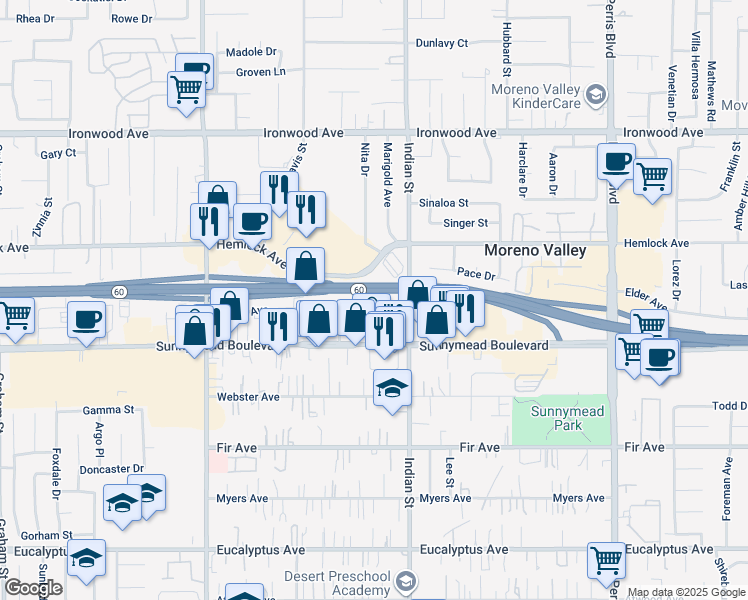 map of restaurants, bars, coffee shops, grocery stores, and more near 24418 Postal Avenue in Moreno Valley
