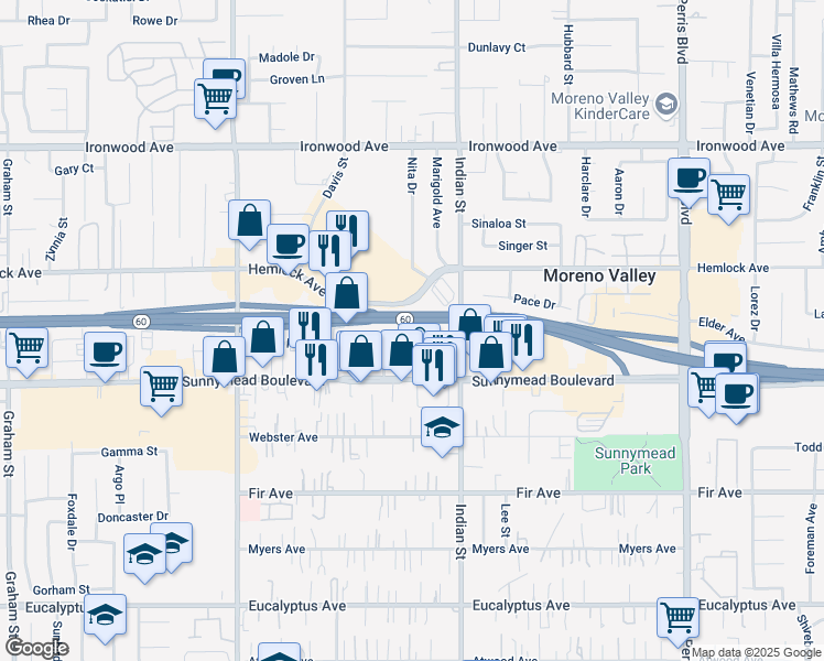 map of restaurants, bars, coffee shops, grocery stores, and more near 24418 Postal Avenue in Moreno Valley