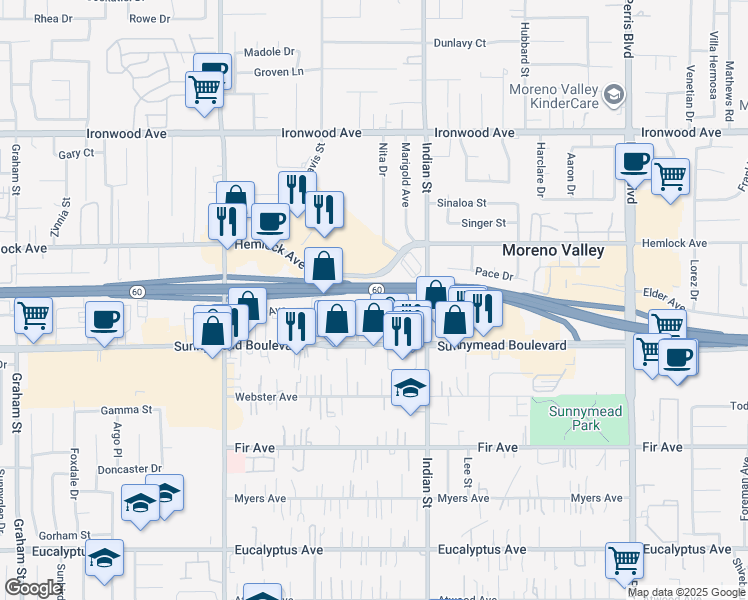 map of restaurants, bars, coffee shops, grocery stores, and more near 24418 Postal Avenue in Moreno Valley