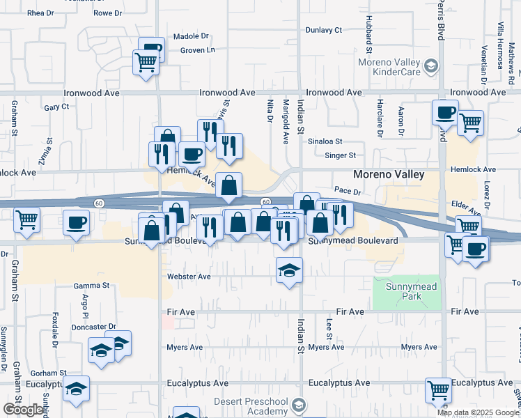 map of restaurants, bars, coffee shops, grocery stores, and more near 24418 Postal Avenue in Moreno Valley