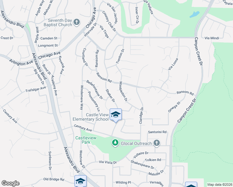 map of restaurants, bars, coffee shops, grocery stores, and more near 6109 Enfield Place in Riverside