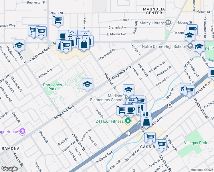 map of restaurants, bars, coffee shops, grocery stores, and more near 7525 Potomac Street in Riverside