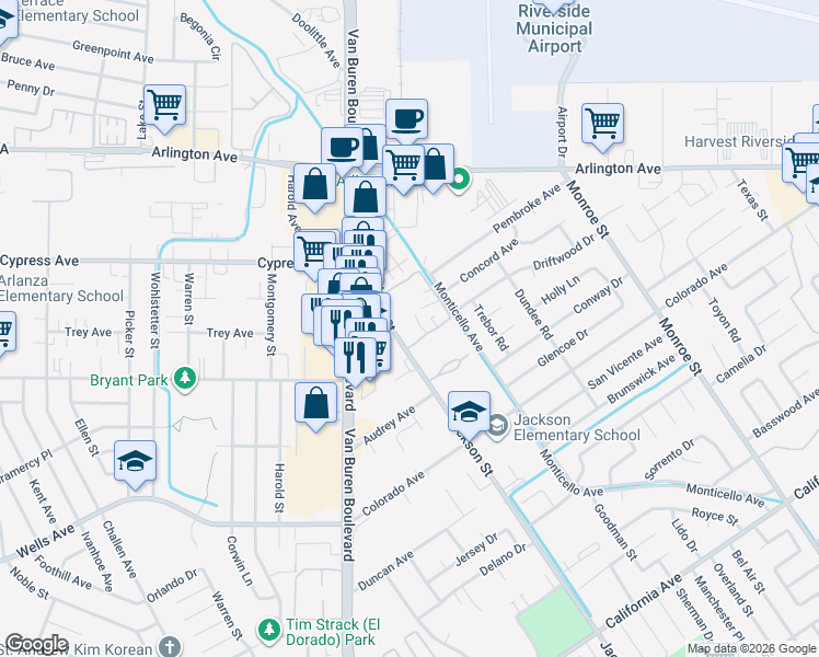 map of restaurants, bars, coffee shops, grocery stores, and more near 4803 Jackson Street in Riverside