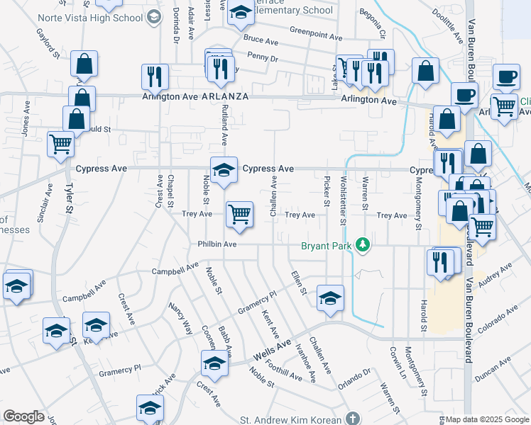 map of restaurants, bars, coffee shops, grocery stores, and more near 8751 Metta Circle in Riverside
