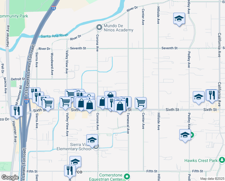 map of restaurants, bars, coffee shops, grocery stores, and more near 1020 Carriage Drive in Norco