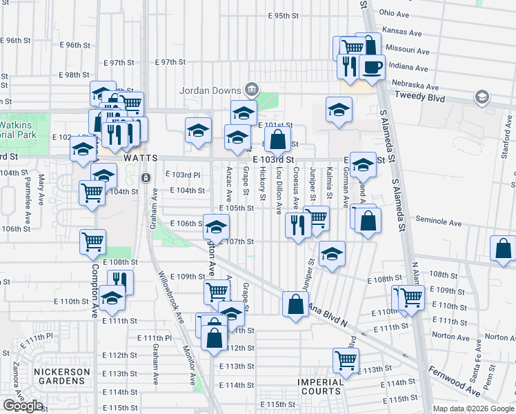 map of restaurants, bars, coffee shops, grocery stores, and more near 2024 East 105th Street in Los Angeles