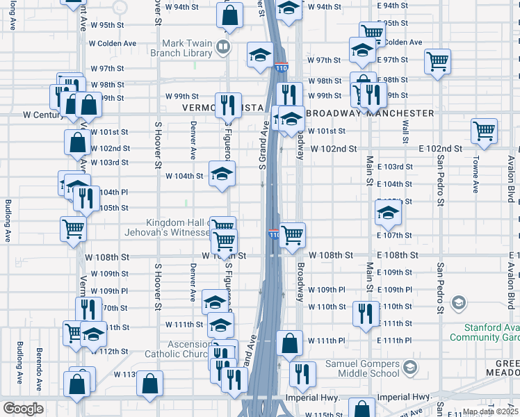 map of restaurants, bars, coffee shops, grocery stores, and more near 409 West 106th Street in Los Angeles