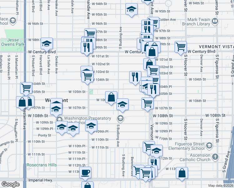 map of restaurants, bars, coffee shops, grocery stores, and more near 10526 South Budlong Avenue in Los Angeles