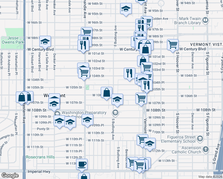 map of restaurants, bars, coffee shops, grocery stores, and more near 10526 South Budlong Avenue in Los Angeles