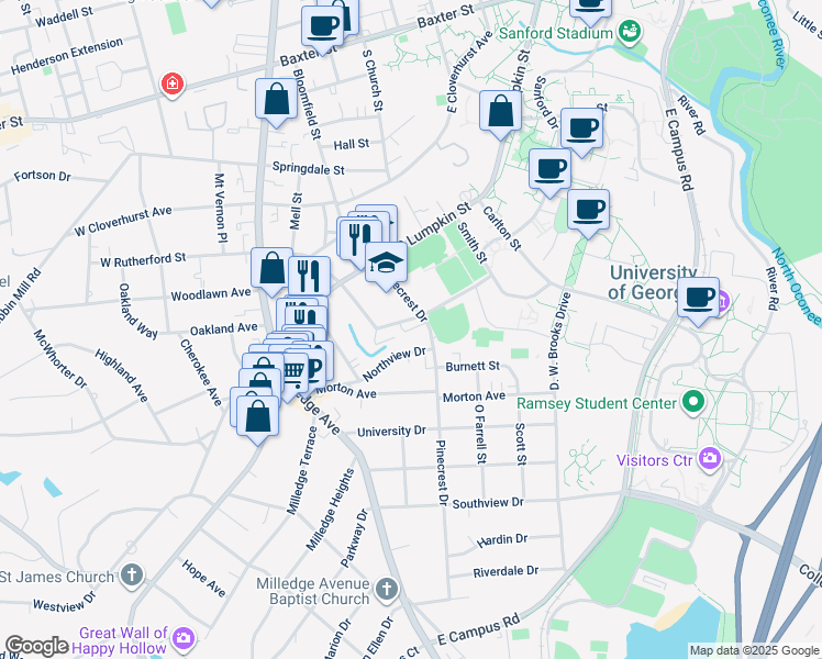 map of restaurants, bars, coffee shops, grocery stores, and more near 210A East Rutherford Street in Athens