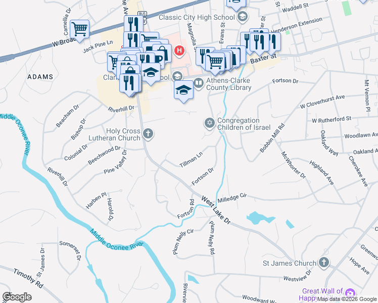 map of restaurants, bars, coffee shops, grocery stores, and more near 140 Tillman Lane in Athens