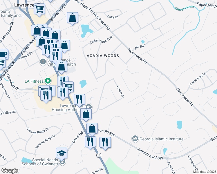 map of restaurants, bars, coffee shops, grocery stores, and more near 230 Forest Place in Lawrenceville