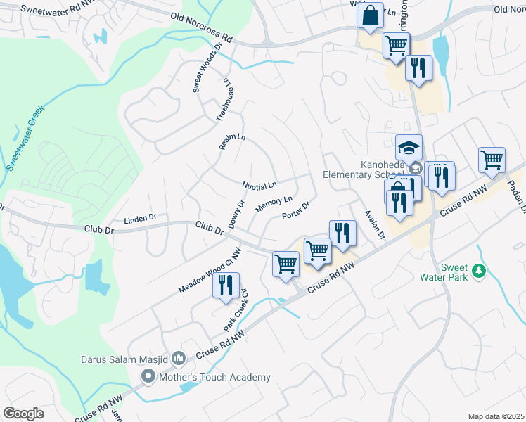 map of restaurants, bars, coffee shops, grocery stores, and more near 975 Memory Lane in Lawrenceville