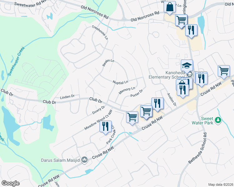 map of restaurants, bars, coffee shops, grocery stores, and more near 962 Memory Lane in Lawrenceville