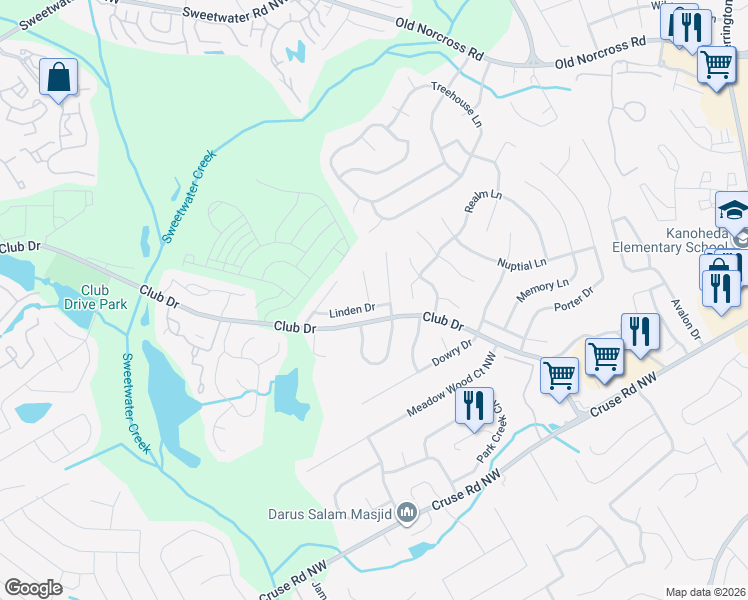 map of restaurants, bars, coffee shops, grocery stores, and more near 3041 Linden Drive in Lawrenceville