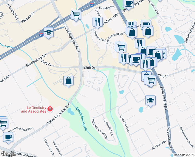 map of restaurants, bars, coffee shops, grocery stores, and more near 1170 Court Drive in Duluth