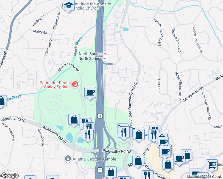 map of restaurants, bars, coffee shops, grocery stores, and more near 176 Peachtree Hollow Court Northeast in Atlanta