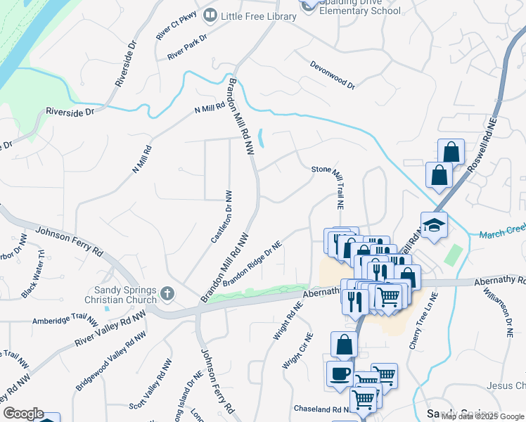 map of restaurants, bars, coffee shops, grocery stores, and more near 6795 Brandon Mill Road Northwest in Sandy Springs