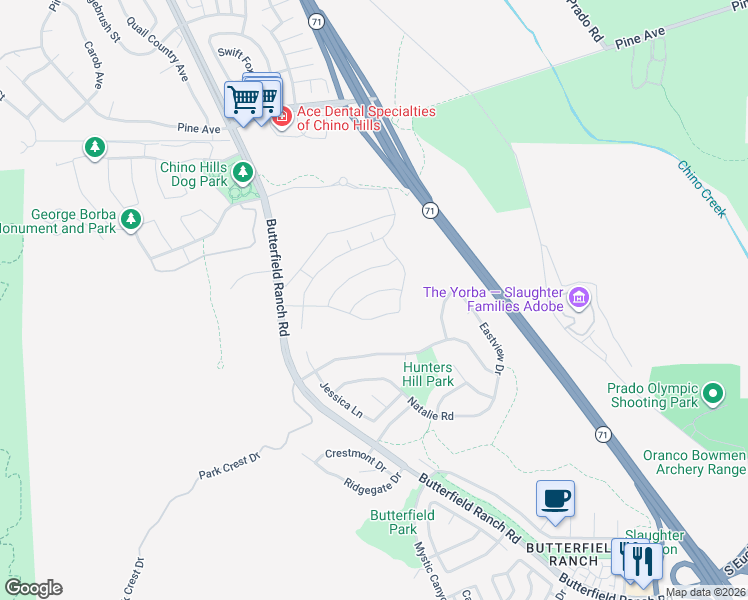 map of restaurants, bars, coffee shops, grocery stores, and more near 6005 Amora Drive in Chino Hills