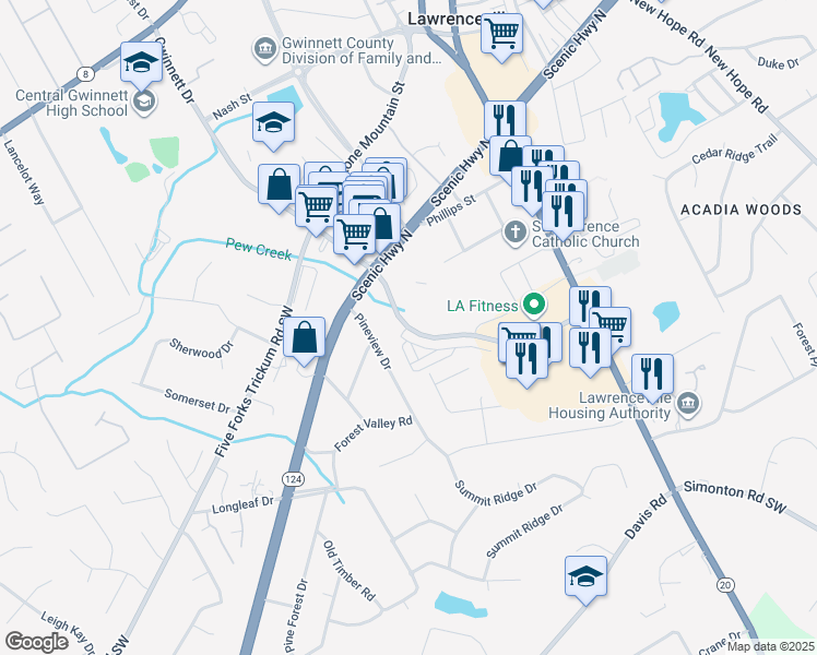 map of restaurants, bars, coffee shops, grocery stores, and more near 637 Gwinnett Drive in Lawrenceville