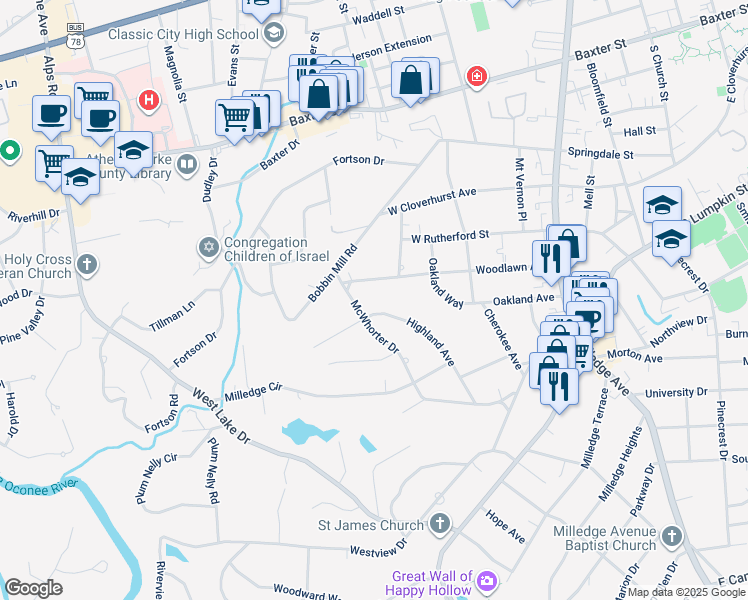 map of restaurants, bars, coffee shops, grocery stores, and more near 488 Highland Avenue in Athens