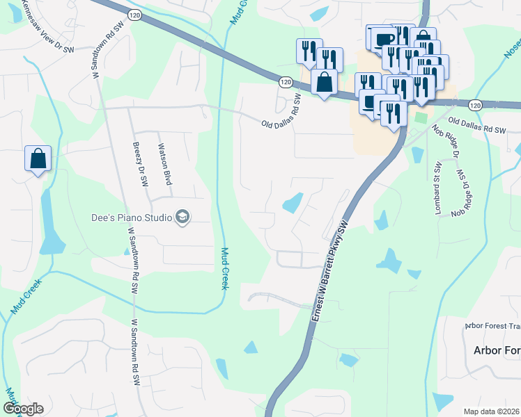 map of restaurants, bars, coffee shops, grocery stores, and more near 2350 Alexander Farms Court Southwest in Marietta