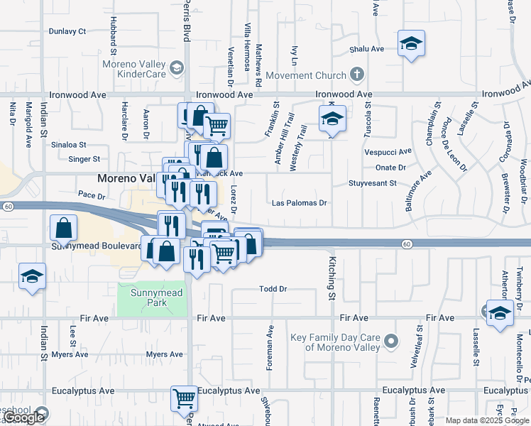 map of restaurants, bars, coffee shops, grocery stores, and more near 12395 Felt Court in Moreno Valley