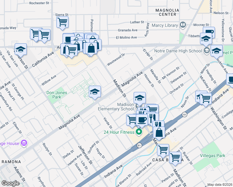 map of restaurants, bars, coffee shops, grocery stores, and more near 7525 Potomac Street in Riverside