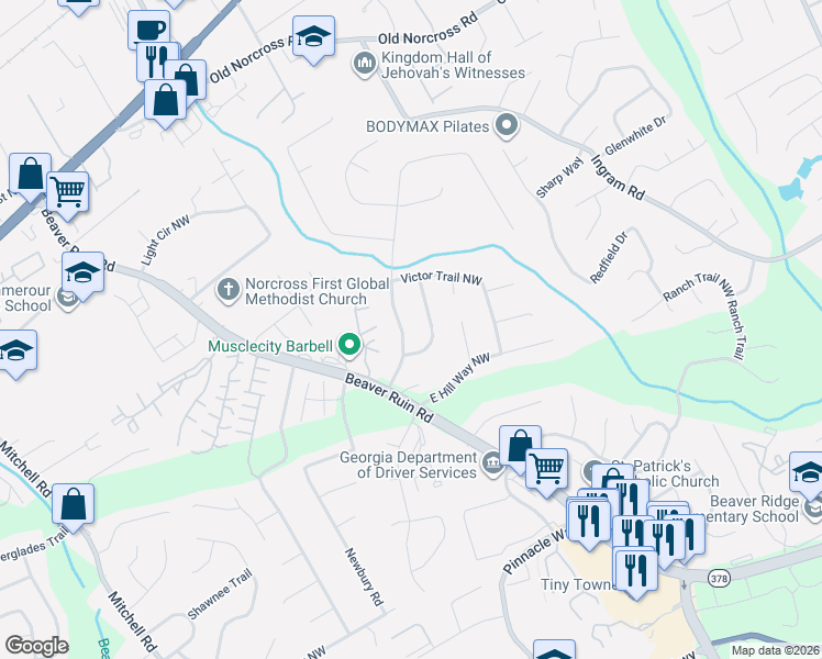 map of restaurants, bars, coffee shops, grocery stores, and more near 2346 Bailey Drive Northwest in Norcross