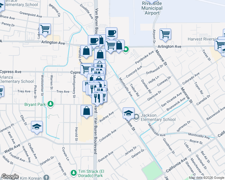 map of restaurants, bars, coffee shops, grocery stores, and more near 4803 Jackson Street in Riverside