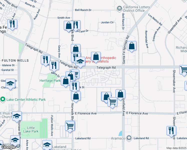 map of restaurants, bars, coffee shops, grocery stores, and more near 12345 Heritage Springs Drive in Santa Fe Springs