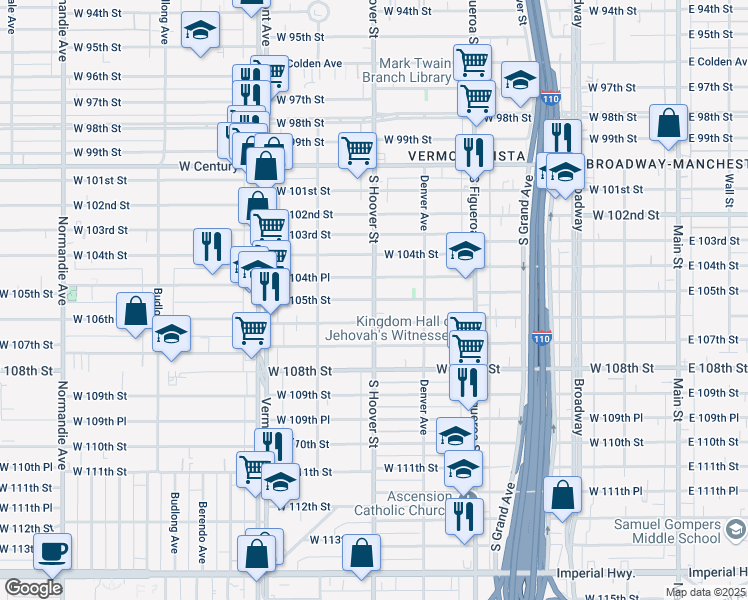 map of restaurants, bars, coffee shops, grocery stores, and more near S Hoover St & W 105th St in Los Angeles