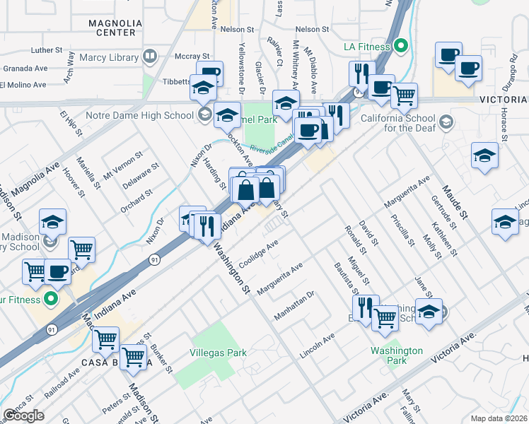 map of restaurants, bars, coffee shops, grocery stores, and more near 3248 Mary Street in Riverside