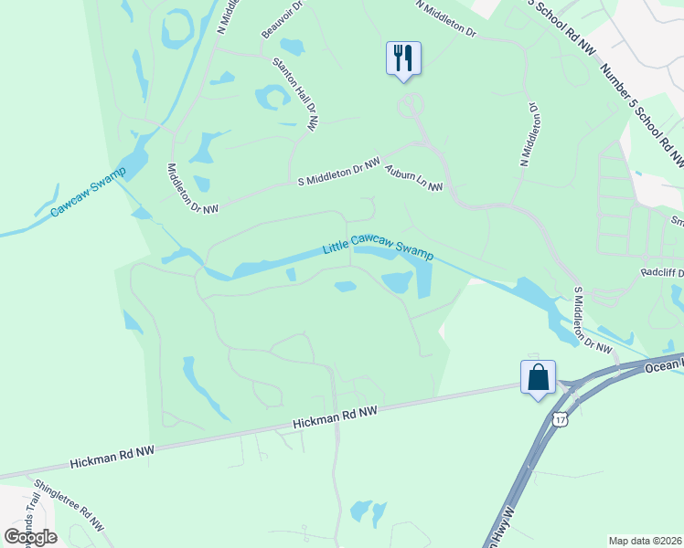 map of restaurants, bars, coffee shops, grocery stores, and more near 9219 Old Field Road in Calabash