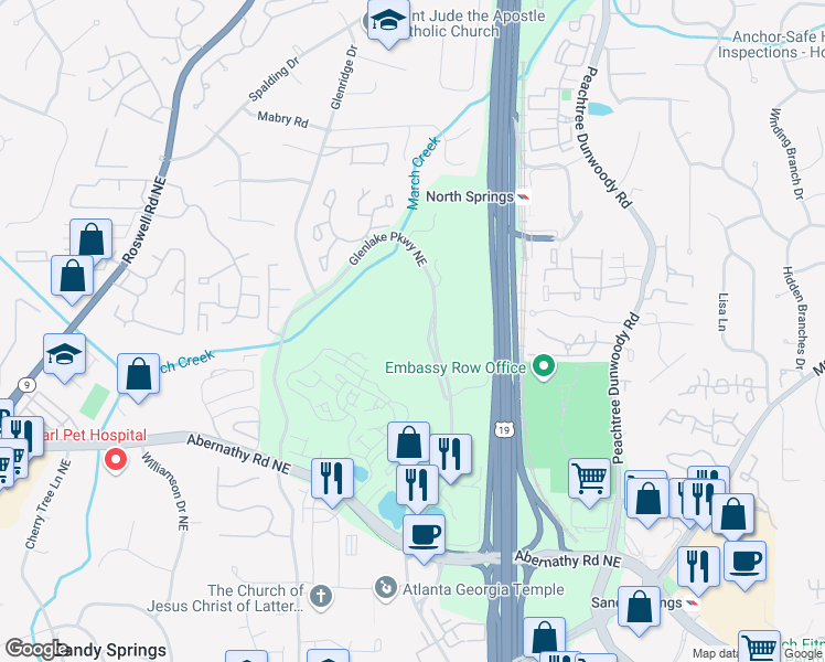 map of restaurants, bars, coffee shops, grocery stores, and more near 50 Glenlake Parkway Northeast in Sandy Springs
