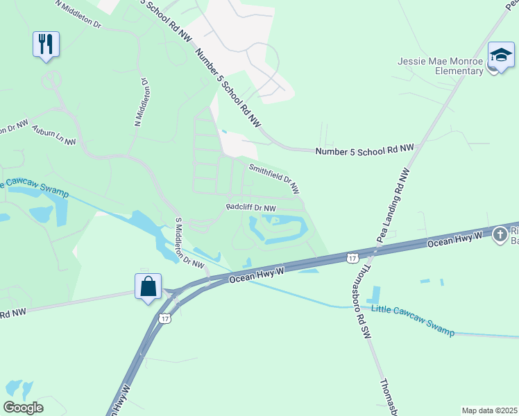 map of restaurants, bars, coffee shops, grocery stores, and more near Radcliffe Drive Northwest in Calabash