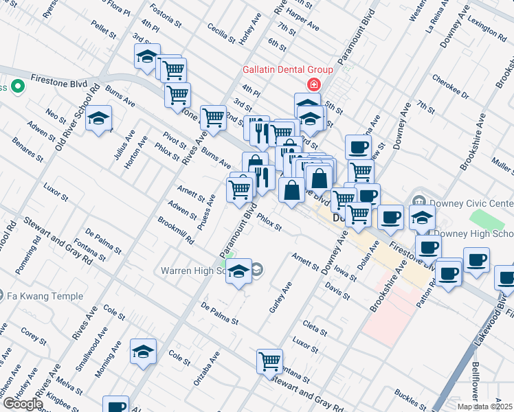 map of restaurants, bars, coffee shops, grocery stores, and more near 8029 Phlox Street in Downey