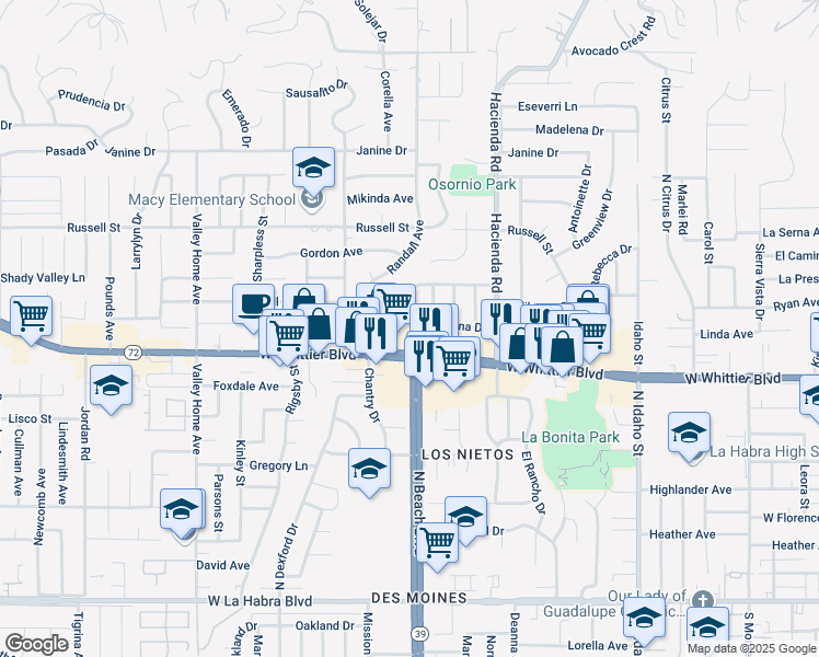 map of restaurants, bars, coffee shops, grocery stores, and more near 1901 West Whittier Boulevard in La Habra