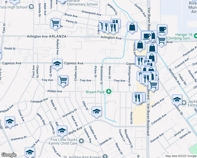 map of restaurants, bars, coffee shops, grocery stores, and more near 5831 Picker Street in Riverside