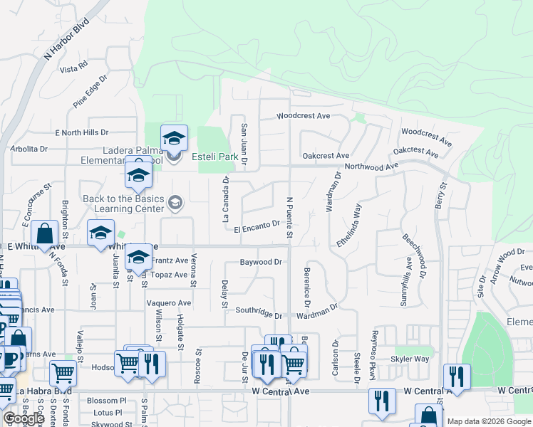 map of restaurants, bars, coffee shops, grocery stores, and more near 1308 Las Lomas Drive in Brea