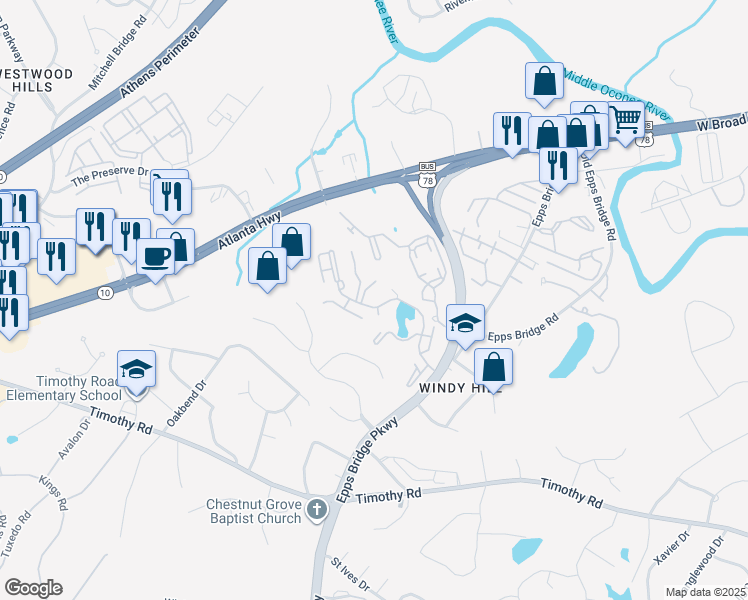 map of restaurants, bars, coffee shops, grocery stores, and more near 274 Wood Lake Drive in Athens