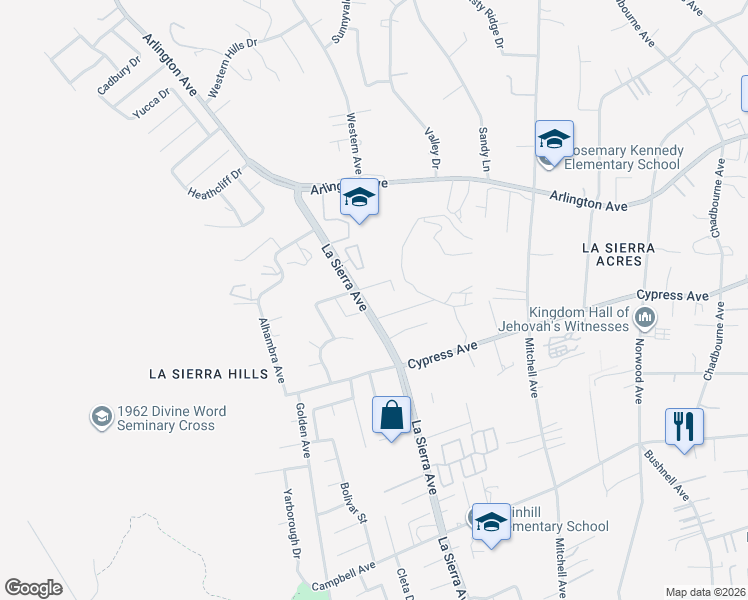 map of restaurants, bars, coffee shops, grocery stores, and more near 6149 La Sierra Avenue in Riverside