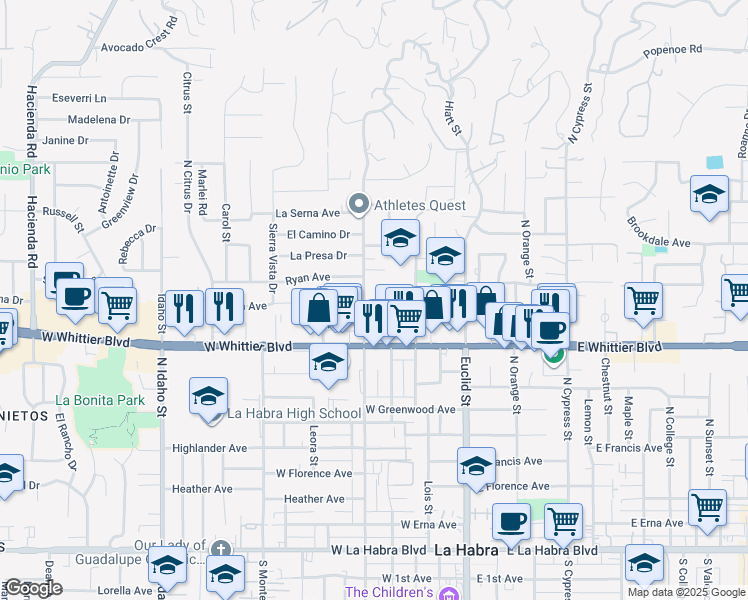 map of restaurants, bars, coffee shops, grocery stores, and more near 950 North Walnut Street in La Habra