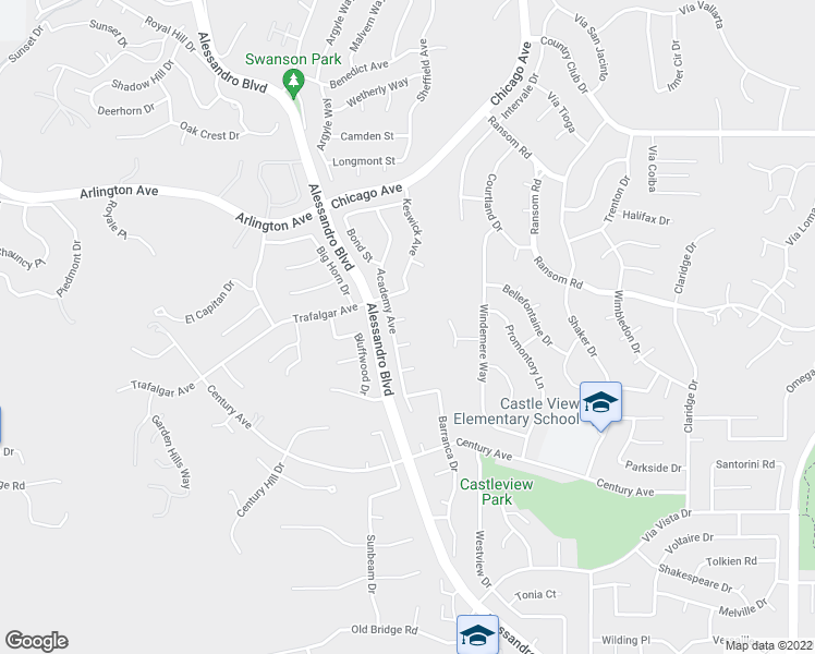 map of restaurants, bars, coffee shops, grocery stores, and more near 2030 Madrid Court in Riverside