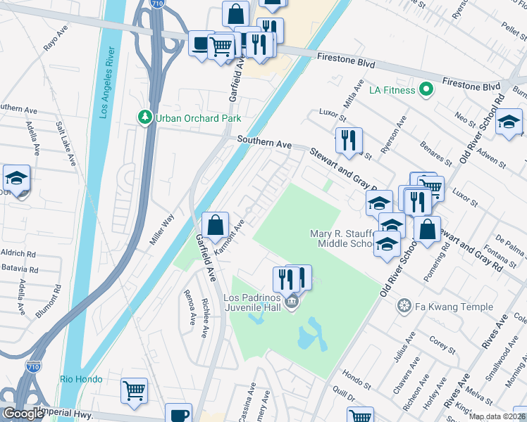 map of restaurants, bars, coffee shops, grocery stores, and more near 9832 Karmont Avenue in South Gate