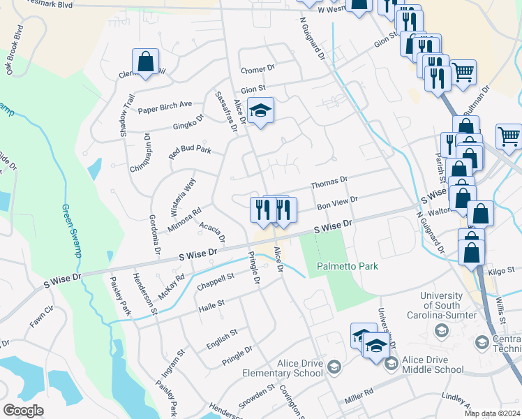 map of restaurants, bars, coffee shops, grocery stores, and more near 2158 Graystone Drive in Sumter