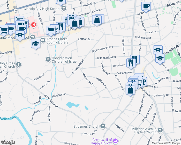 map of restaurants, bars, coffee shops, grocery stores, and more near 488 Highland Avenue in Athens
