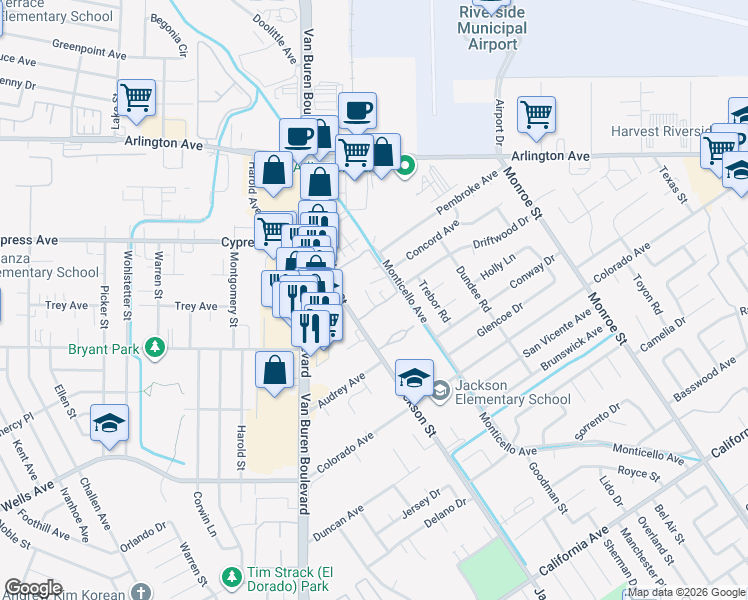 map of restaurants, bars, coffee shops, grocery stores, and more near in Riverside